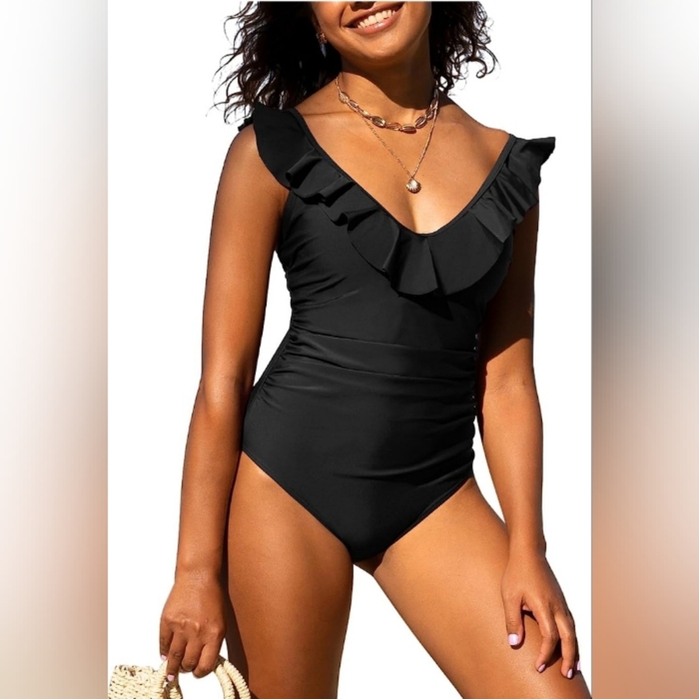 Hilor Black Women's Tummy Control Ruffle One Piece V-Neck Bathing Size 3X (14)